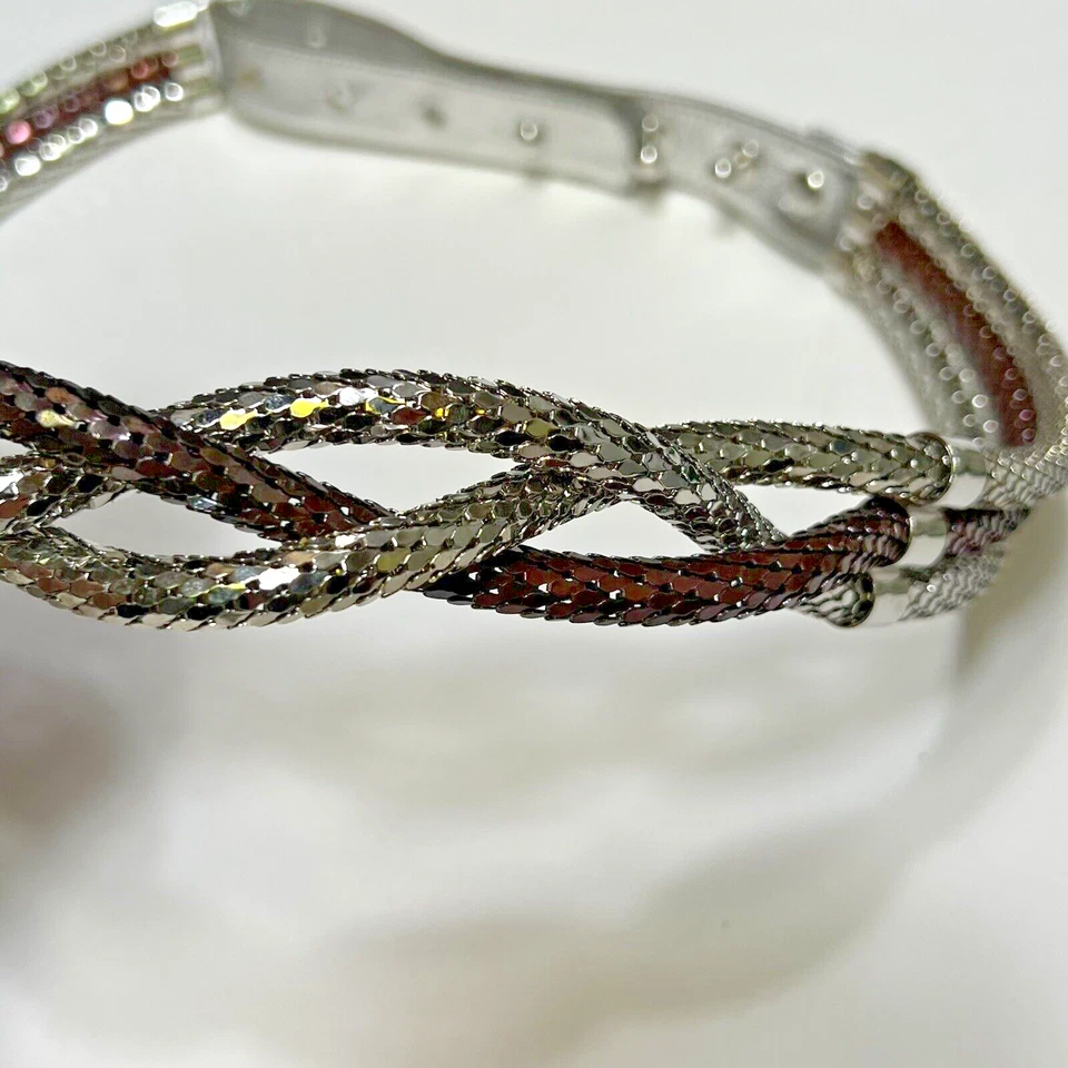 Cinturón De Colección WHITING & DAVIS Plata y Bronce Dos Tonos Trenzado Metal Cuero Malla Foto 4 de 4