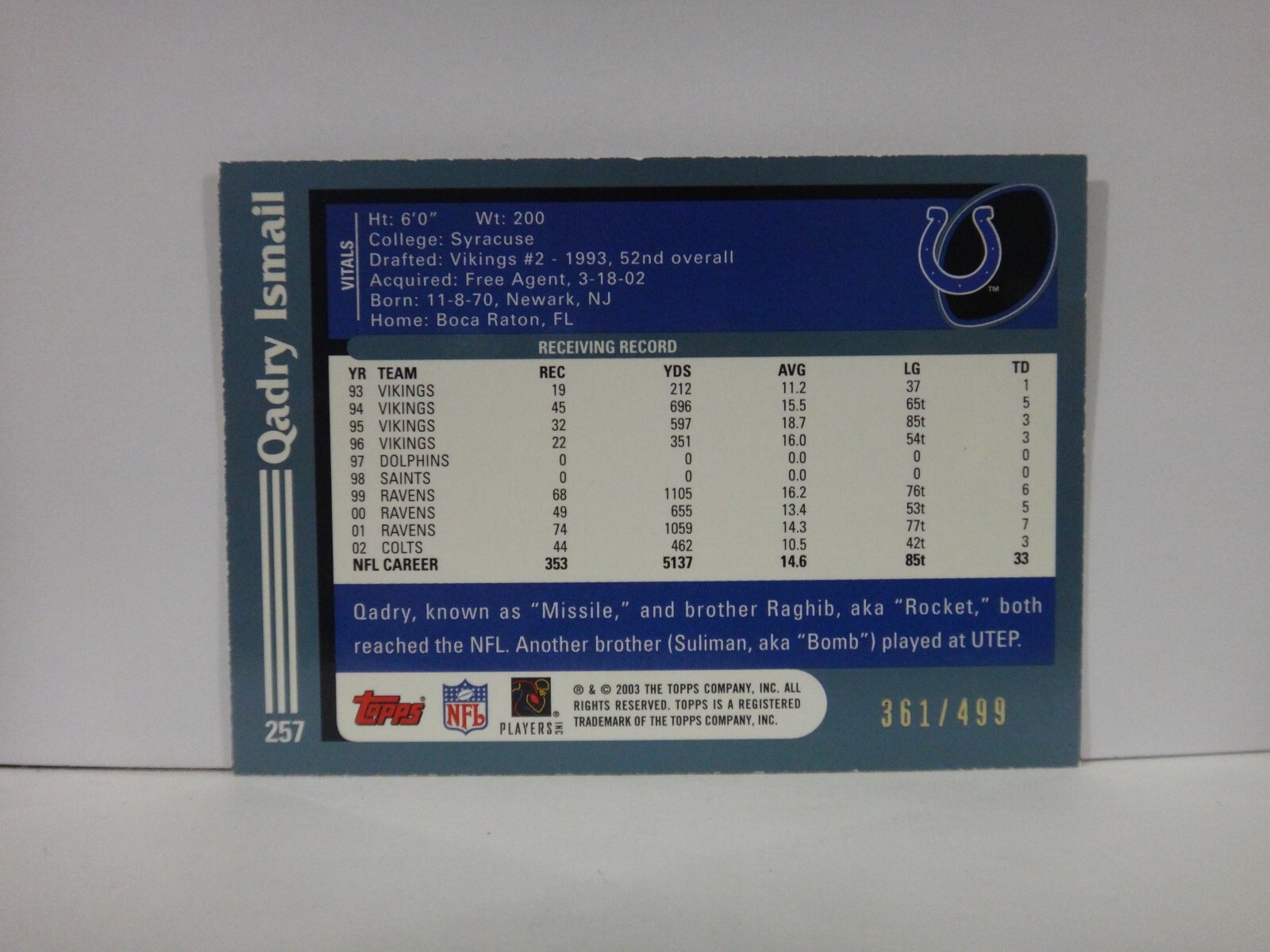 Qardy 2003 Topps - Qadry Ismail #257 Gold /499 for sale online | eBay