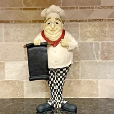 Chef Statue Figurine Holding Chalkboard Checkered Pants Kitchen Decor