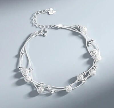 Silber S95 minimalistisches zierliches zartes Kettenarmband 3 Reihen Silberkugeln