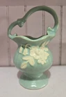 Vintage Green Weller Cameo Basket Vase w/Elaborate Handle-7 1/2  inches tall