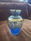 Vintage Vecchia Murano Peacock Blue Glass Bud Vase Gold Design Trim Design 4.5”