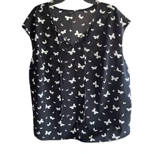 TALBOTS Black all over butterfly print y neck tie sleeveless whimsy plus sz 24W