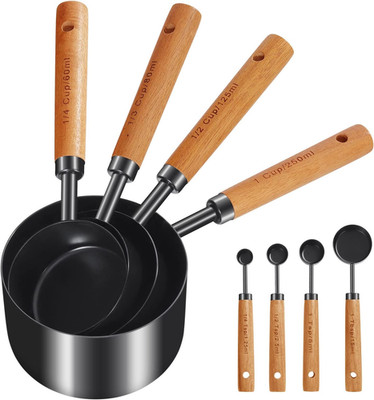 8Pcs Measuring Cups and Spoons Set Wood Handle Golden Stainless Steel Measuring