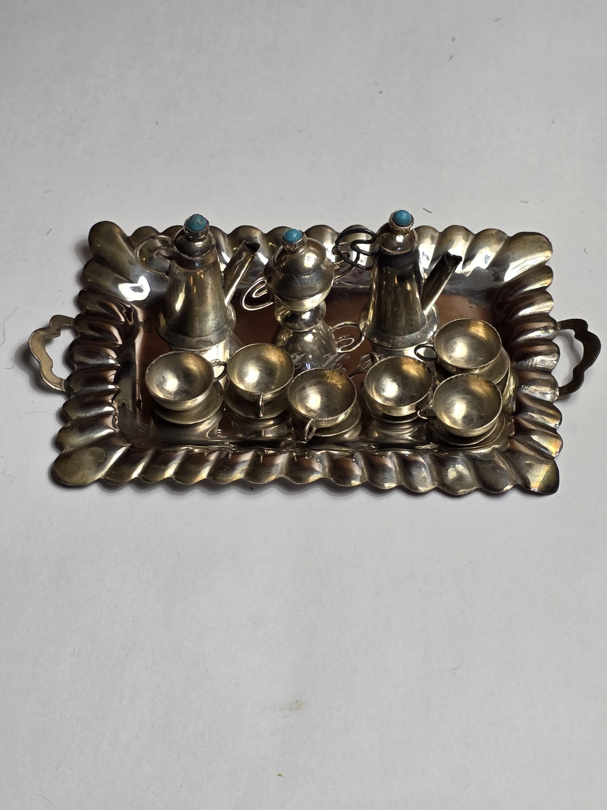 Vintage Mexican Sterling Silver Miniature Dollhouse Tea Set Mexico DF 1950s