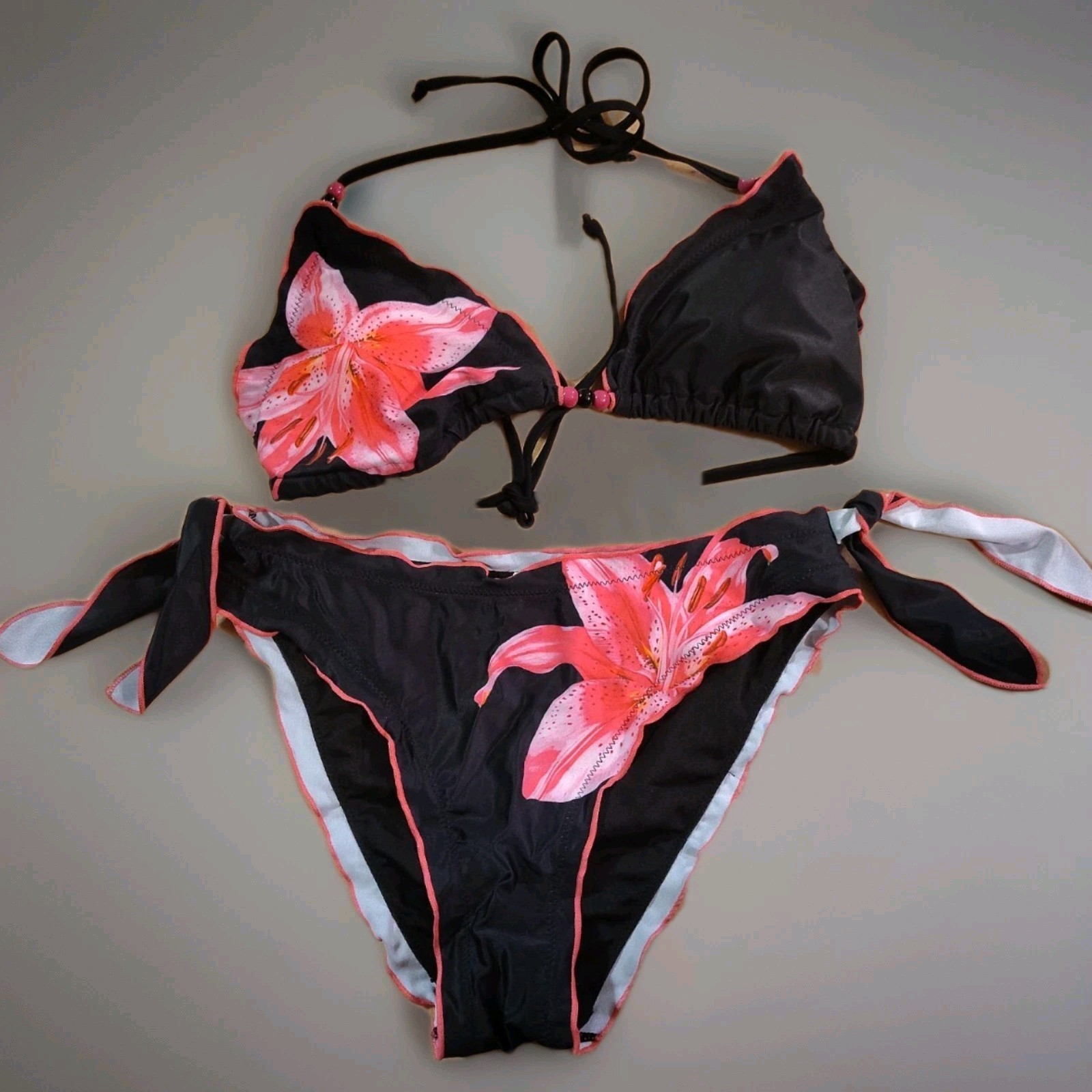 Womens Bikini Swimsuit Size L Black Pink Floral 2 Piece Tie Side