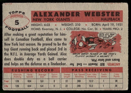 1956 Topps #5 Alex Webster RC New York Giants Low Grade SET BREAK! - Picture 2 of 2