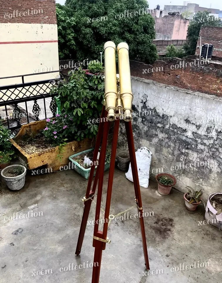 18" Vintage Nautical Brass Classic Style Binocular W/ Wooden Tripod Stand Gift - Image 3 of 4