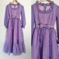 Vtg 70s Lorrie Deb Prairie Maxi Dress Puff Sleeves Cottagecore Flocked Swiss Dot