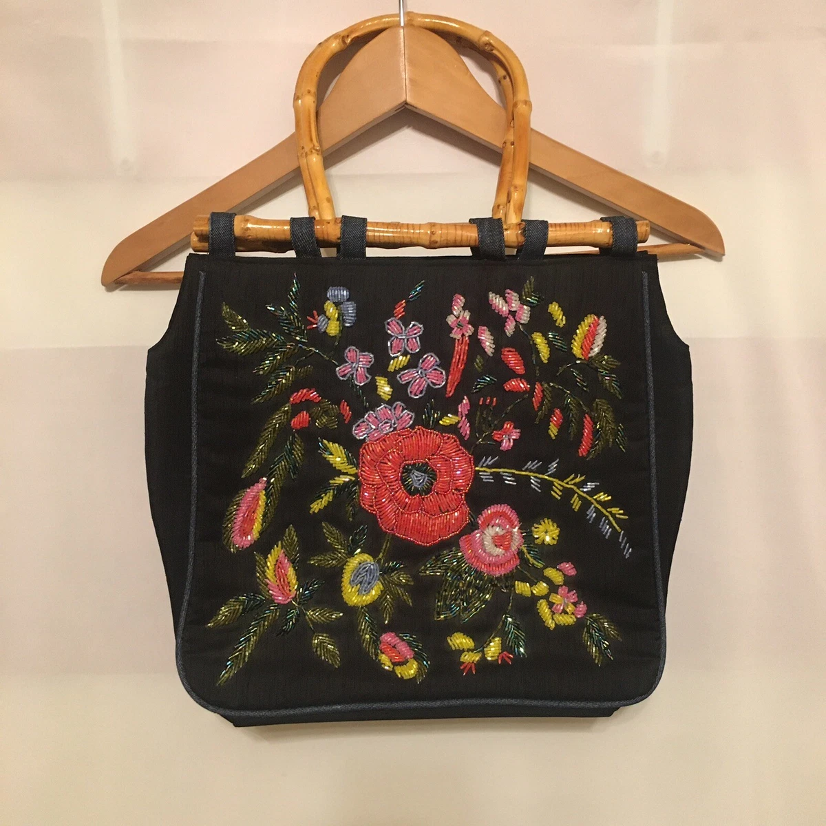 Bamboo Handle Beaded Tote Bag With Denim