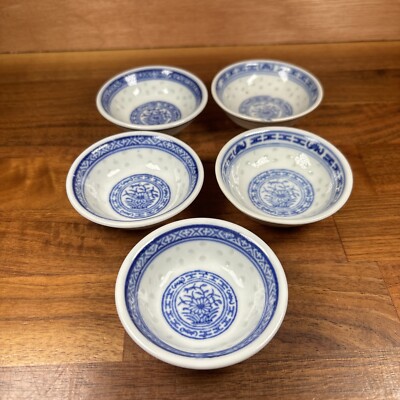 Mid Century Blue & White Porcelain Asian Dipping Sauce Condiment Bowls Set of 5