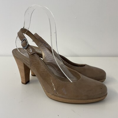 Gabor Taupe Brown Patent Leather Slingback Shoes Block Heel - Main Image