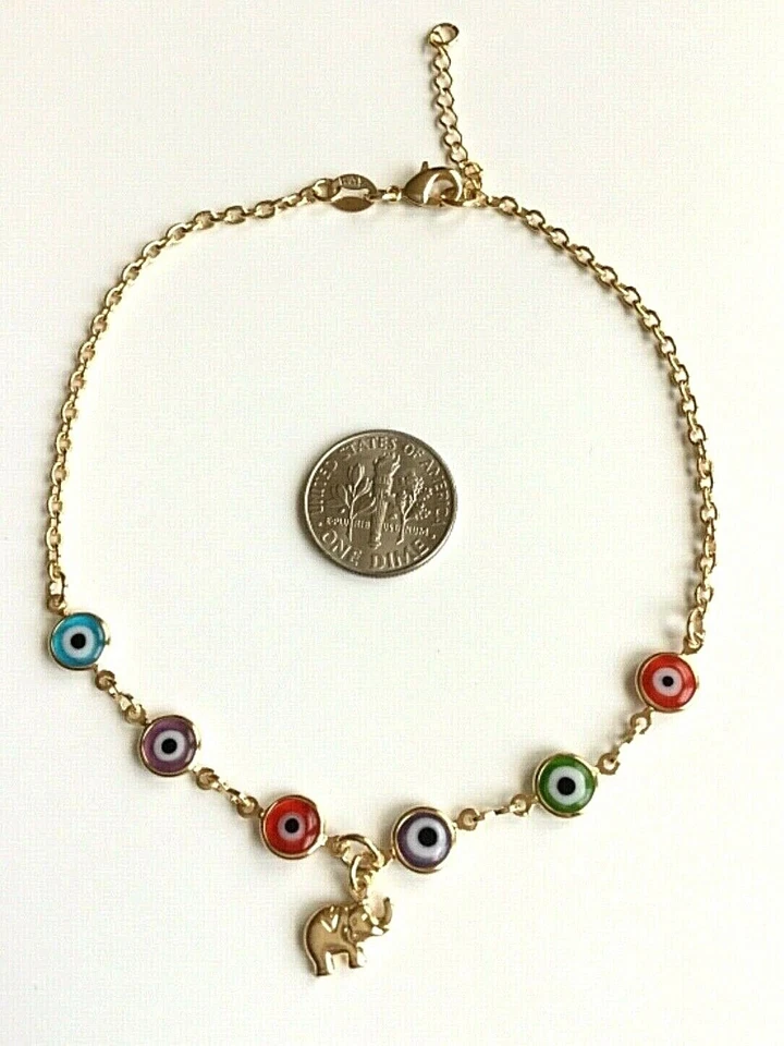 ELEFANTE CHAPADO EN ORO 14K 6 TOBILLERA MAL DE OJO 10" LARGO/TOBILLERA OJO ELEFANTE 10" Foto 3 de 4