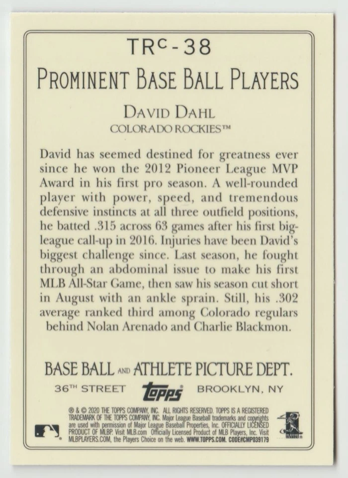 2020 Topps Chrome Turkey Red #TRC-38 David Dahl Baseball Card Colorado Rockies - Image 2 of 2