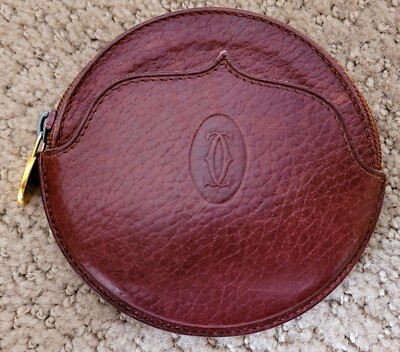 AUTH CARTIER VINTAGE LEATHER ROUND COIN PURSE BORDEAUX RED