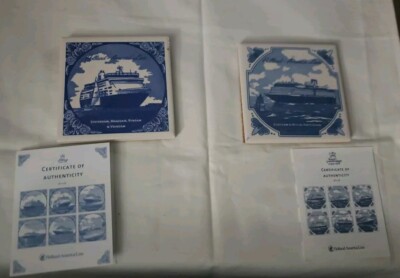 Holland America Line Delftware BLUE TILES Or COASTERS 4'' x 4'' -2 Tiles With COA