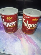 2 Vintage FOLGERS COFFEE CAN REGULAR GRIND 16 OZ TIN MOUNTAIN GROWN