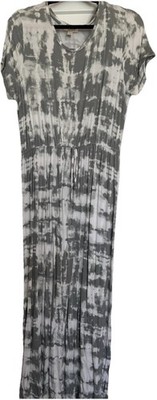 Naf Naf Gray/White Tie Dye Maxi Dress L Short Sleeve Scoop Neck Drawstring