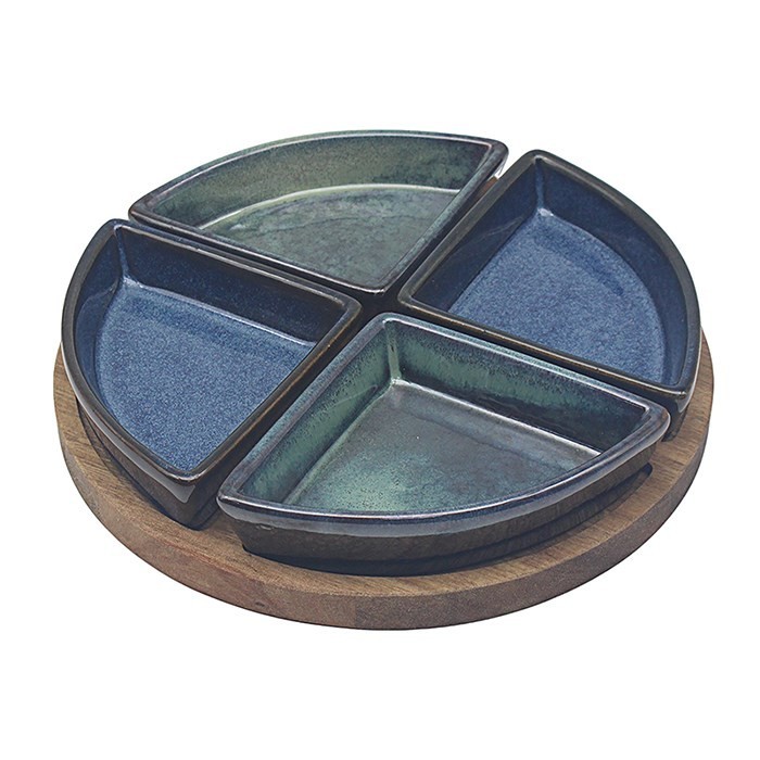 Lesser and Pavey Set of Four Ceramic Snack Dishes on Wooden Board JDLP76541