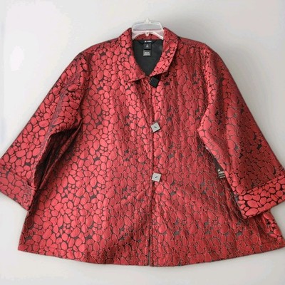 NWT ALI MILES Size 2X Button-Front Jacket Floral Roses Jacquard Red 3/4 Sleeve
