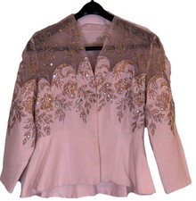 Chancelle Women's 6 Cream LS Brown embroibered Floral Sequined Formal Jacket