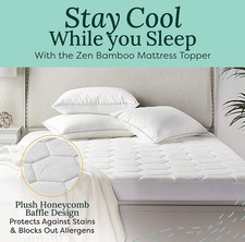 Zen Bamboo Mattress Pad, Cooling Topper Waterproof, Deep Pocket, Cal King, White
