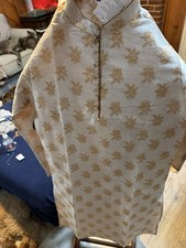 traditional men's cream and gold brocade silk kurta woven floral motifs
