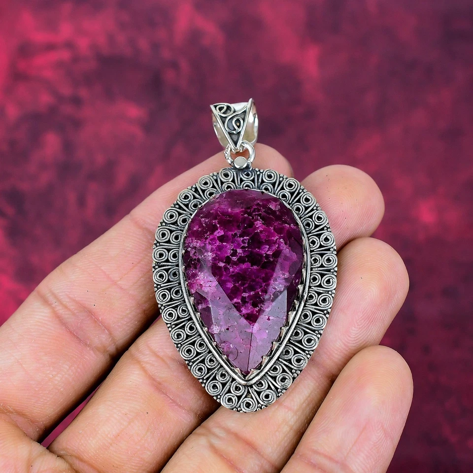 Lab-Created Ruby Gemstones Handmade 925 Steling Silver Pendant Jewelry - Image 3 of 4