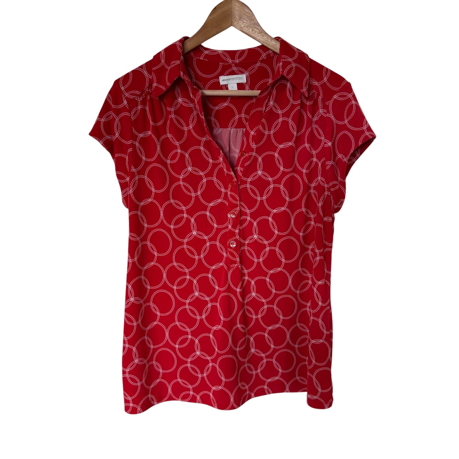 Charter Club Top Womens Large Red White Geometric Ring Print Short Sleeve Blouse