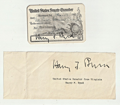 1940's VIRGINIA Governor / Senator HARRY F. BYRD  Autograph + 77th Congress Card