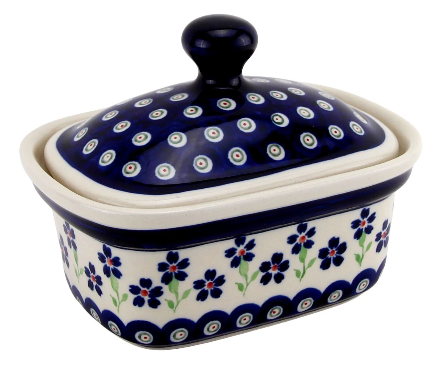 Polish Pottery Butter Dish / Container with Lid, 5.75" L x 4" W x 4" H, 14 Oz.