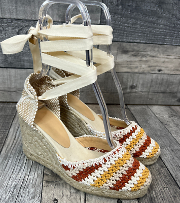 Castaner Carina Crochet Espadrilles EU 38 UK 5 Ivory Yellow Stripe Wedge  Royal | eBay UK