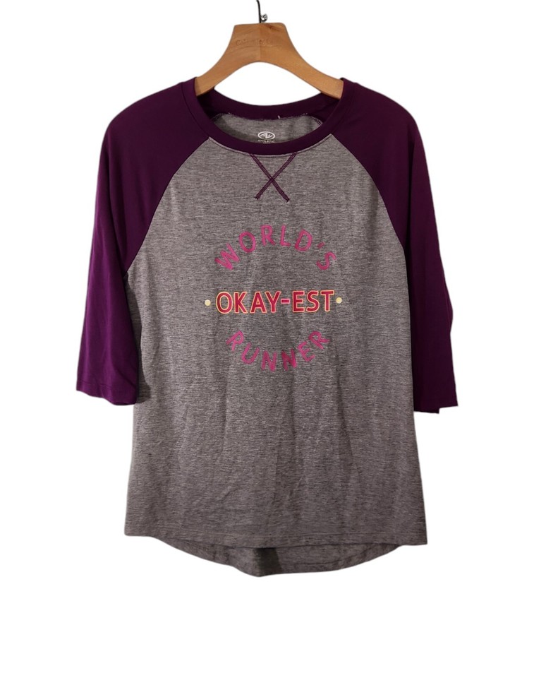 World's Okay-est Runner Raglan T-Shirt Athletic Works Running Womens Small 