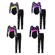 Kids Girls Leotard With Leggings Training Gymnastics Rhinestones Bodysuit Suit