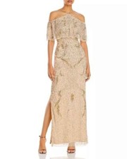Aidan Mattox Cold Shoulder Gold Beaded Gown long dress - size 6 - retail 395