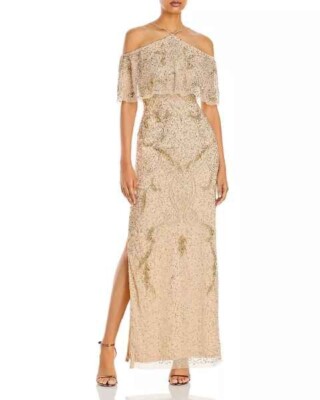 slim fit dress slacks Aidan Mattox Illusion Crew Neck Cap Sleeve Zipper Back A-Line Beaded Mesh Dress Light Gold / 4 main image 0