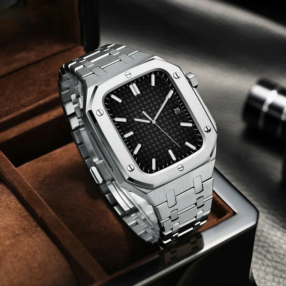 Para Apple Watch 9 8 7 45mm 44mm Caja Acero Inoxidable Correa y Correa de Goma Foto 3 de 4