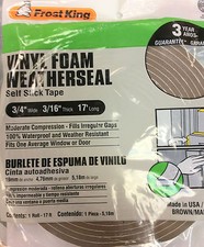 Frost King Vinyl Foam Weatherseal Self Stick Tape 3/4 X 3/16 X 17 Made in USA