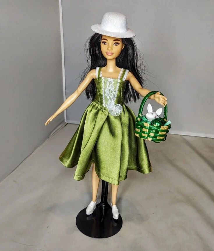 OOAK Green Dress Hat Easter Basket Bunny Figure Barbie Doll Spring Decor Custom