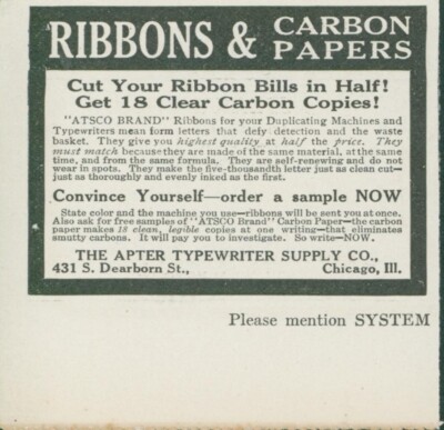 1913 Ribbons Carbon Papers Cut Bills in Half Sample Offer Apter Chicago Ad SY1