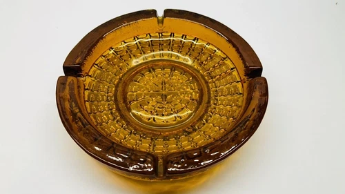 Vintage Heavy Blenko Amber Glass Wheat Ashtray 8.75"