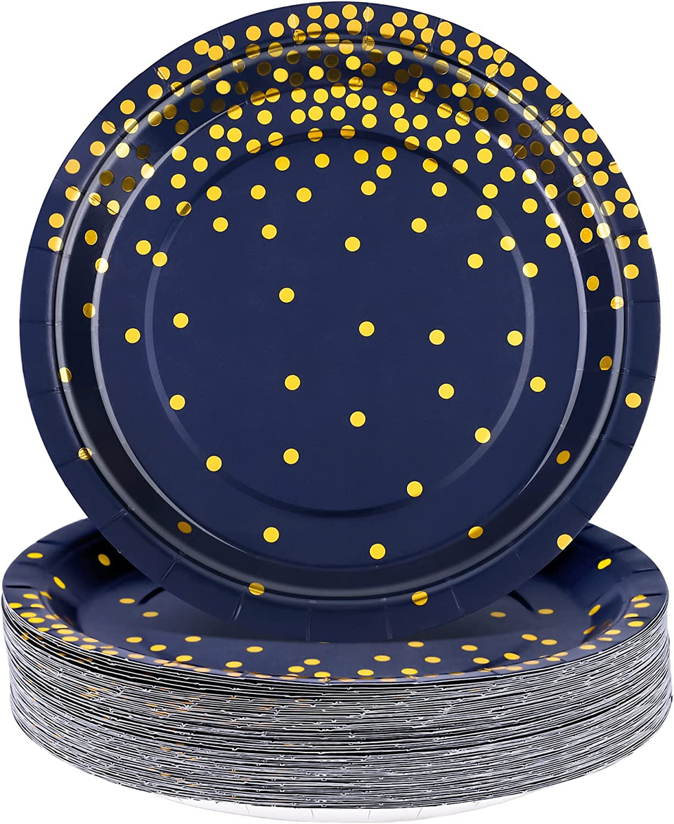 60 Pieces Inches Disposable Paper Plates Blue and Gold Foil Dot