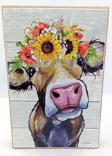Cow Floral Block Sign Wood Farm Animal Brown Sunflowers Poppies Ears Eyes NEW