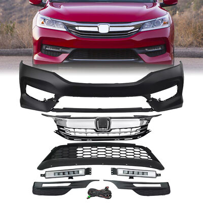 For 2016-2017 Honda Accord Front Bumper Upper Lower Grill & LED Fog Lights Set