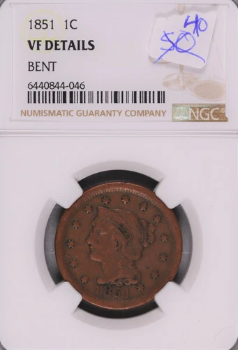 1851 Braided Hair Large Cent NGC VF Details Bent #4-046