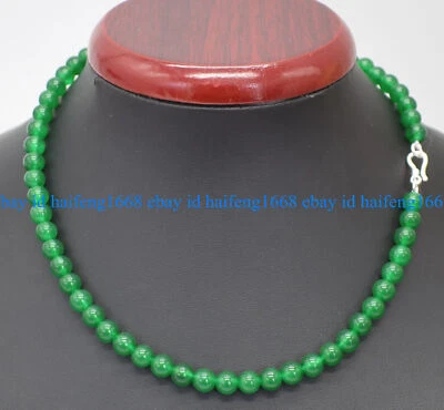 Hübsche 6mm Grüne Jade Runde Edelstein Perlen Halskette 18" Silber Verschluss - Bild 1 von 4