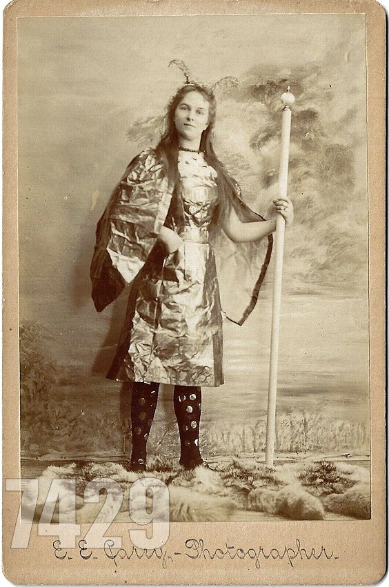 An 1890s cabinet card photo of a girl in a ladybug costume — genuinely weird, visually arresting Victorian ephemera that belongs on a curiosity shelf.