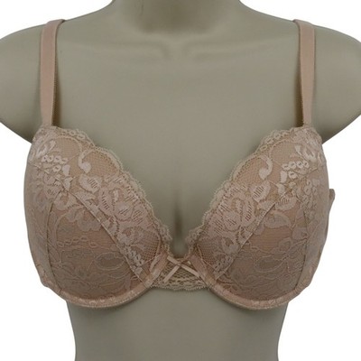 Willow Bay 38C Bra Beige Flower Floral Lace Overlay Bow Underwire Padded Scallop