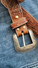 Brown Western Studded Men's Belt Silver-Tone Buckle Floral Pattern Adjustable