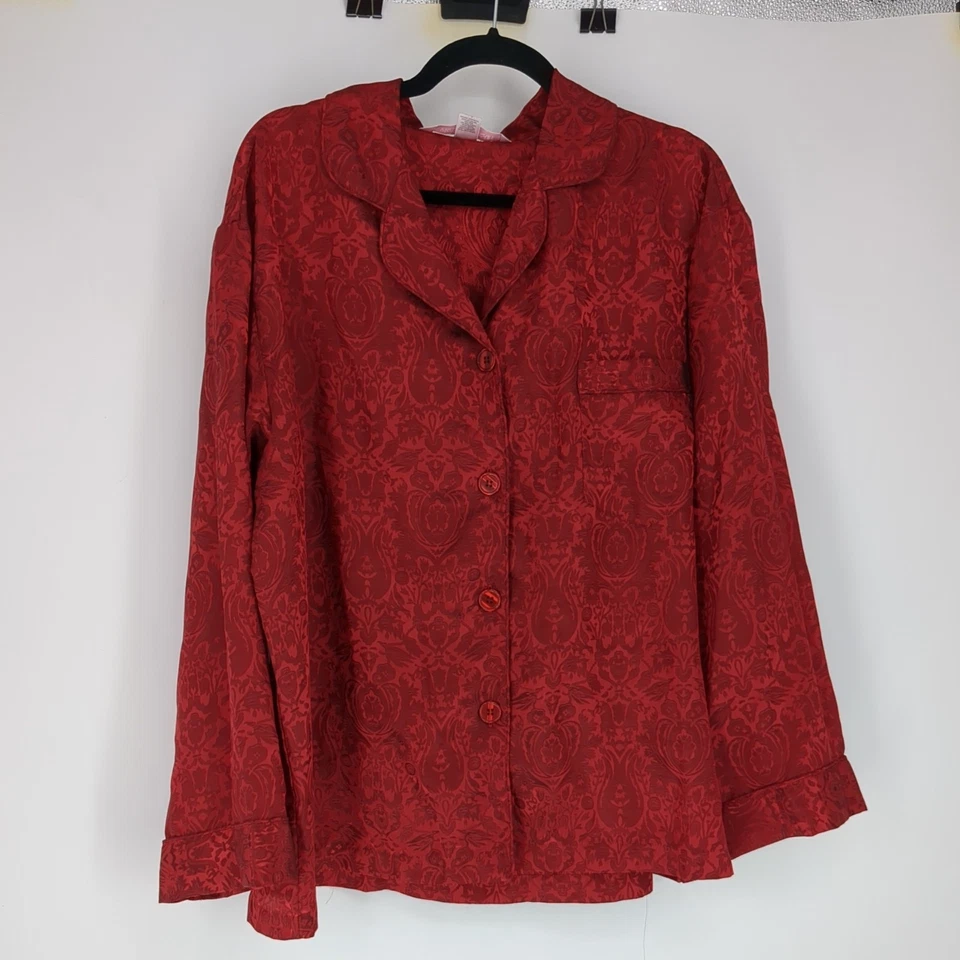 VTG 2000 Y2K Victoria's Secret Red Brocade Satin Pajamas Set Shirt Pants Large - Image 2 of 4